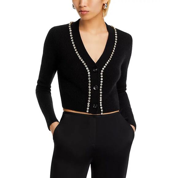 AQUA CASHMERE V NECK CARDIGAN WITH RHINESTONE TRIM - Picture 1 of 8